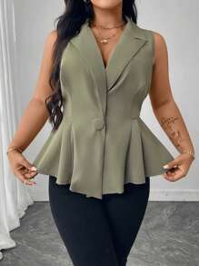 SHEIN Unity Plus Size Sleeveless Solid Color Ruffle Trim Elegant Casual Business Blouse For Women - Olive Green - View 5