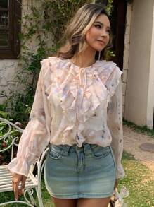 Livesso 度假海滩雪纺衬衫，荷叶边饰边，系带抽绳领口，长袖女士衬衫，秋季女装 - 杏色 - 查看 4