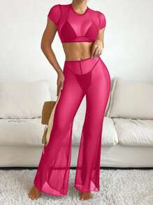 SHEIN Swim Sheer Mesh Cropped Top And Bell-Bottom Pants Suit, Sexy Outfit For Summer - Hot Pink - View 5