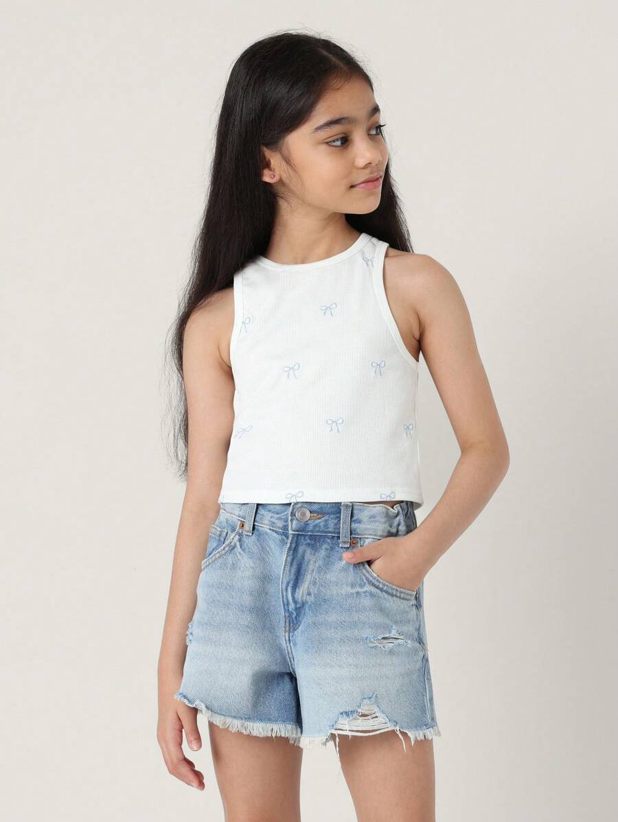 SUMWON Top sin mangas con patrón de moño, de canalé, casual de verano, de atletismo, danza, gimnasio y yoga con bordado delicado para niñas. Camiseta de entrenamiento atlético juvenil para entrenamientos.
