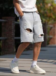Manfinity LEGND Men's Light Wash Denim Bermuda Shorts: Avant-Garde Street Casual Style With Distressed Detailing And Zipper Fly