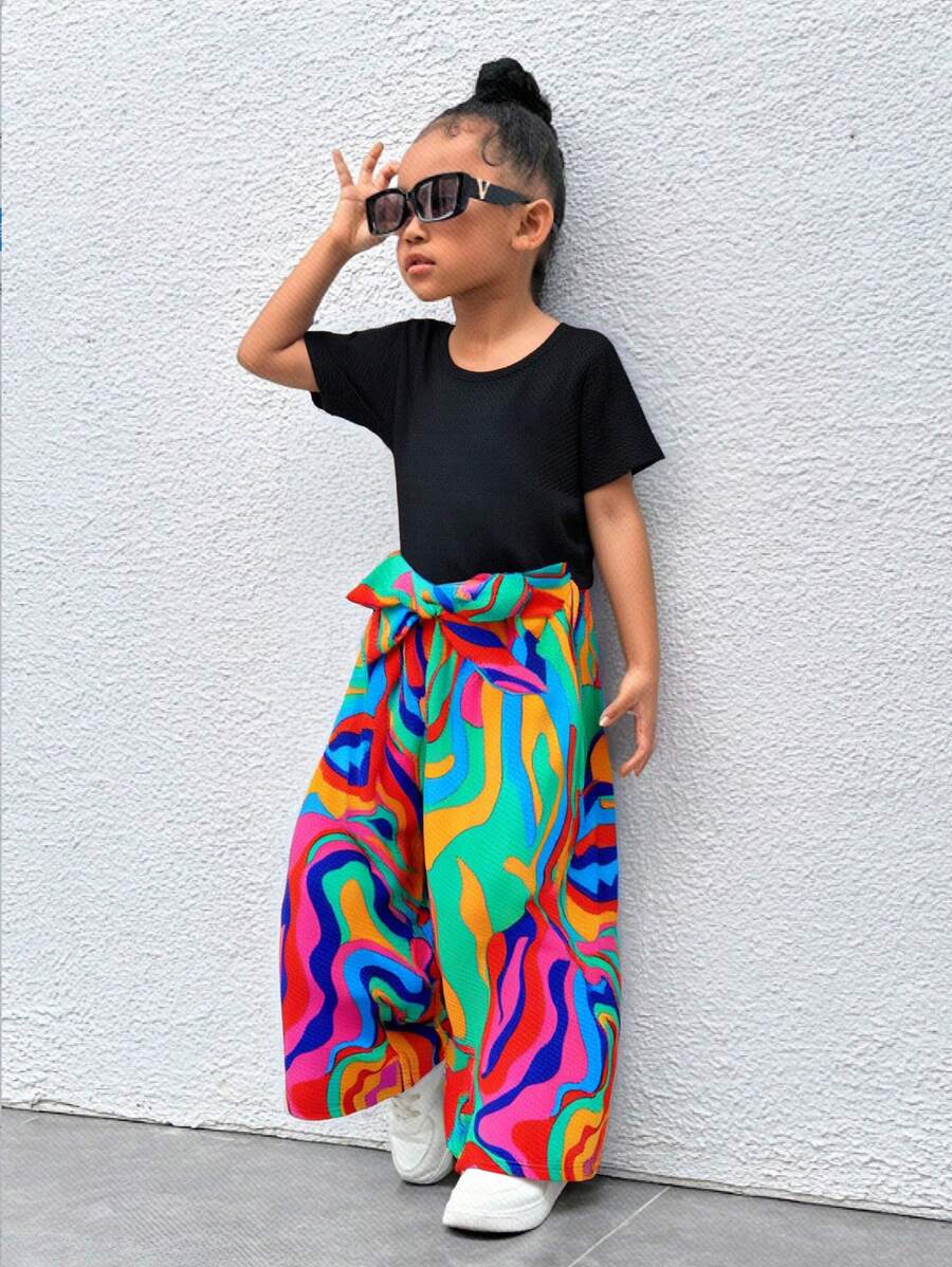 SHEIN Young Girl Solid Tee & Print Belted Wide Leg Pants Leopard Print Pantscheetah Print Pantscasual Two Pieces Set - Hot Pink - View 1