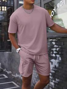 Manfinity Homme 男士纯色圆领短袖休闲 T 恤和抽绳腰部工装口袋短裤套装