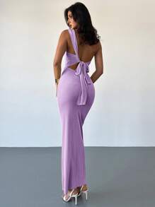 Firerie Sexy Ruched Backless Green Maxi Dress With Flounce, Elegant Vacation Dress For Valentine's Day, Wedding Season, St. Patrick's Day, Spring/Summer, Party Dress - Violet Purple - View 3