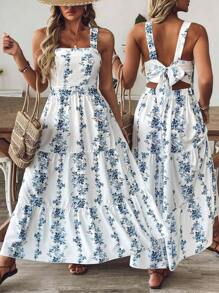 SHEIN Holidaya Plus Size Women Blue & White Print Waist Shaping Vacation Daily Casual Commuter Strap Midi Dress