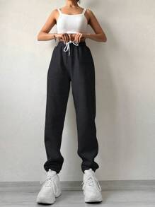 RueChic Cotton Solid Drawstring Waist Sweatpants - Dark Grey - View 5