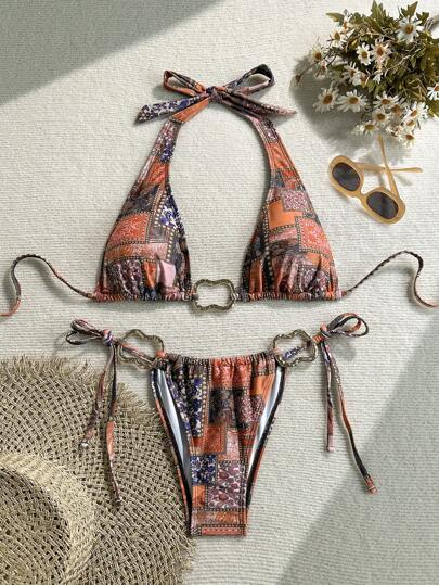 Soleia Bộ bikini buộc dây họa tiết hoa hướng dương nhiều màu sắc cổ điển 2 chiếc, dành cho ngày lễ