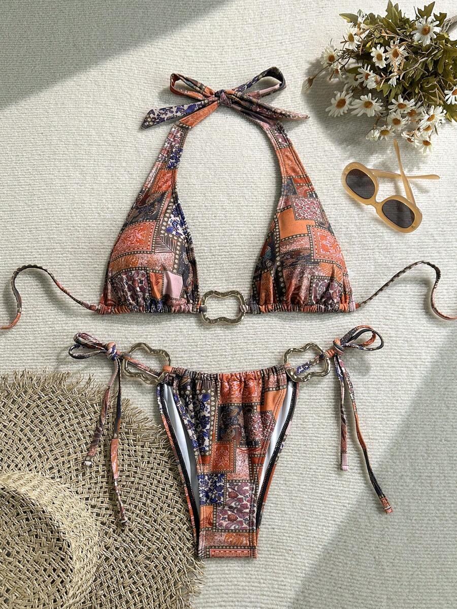 Soleia 2 件套复古彩色向日葵印花金属装饰系带比基尼套装，适合度假 - 彩色 - 查看 1