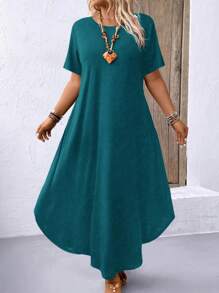 Breezaya Đầm Maxi Dài Tay Ngắn Cổ Tròn Size Lớn Màu Trơn Cho Nữ - Màu xanh lam - Xem 4