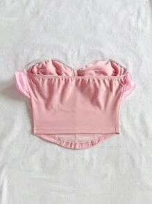Soleia Top ajustado con volantes romántico y sexy, adecuado para vacaciones, citas nocturnas, San Valentín, té de la tarde - Rosa Pálido - Ver 2