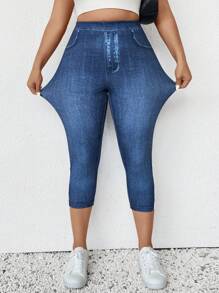 SHEIN Frenchy Pantaloni skinny effetto denim stampato, con dettagli in pizzo a contrasto, taglie forti