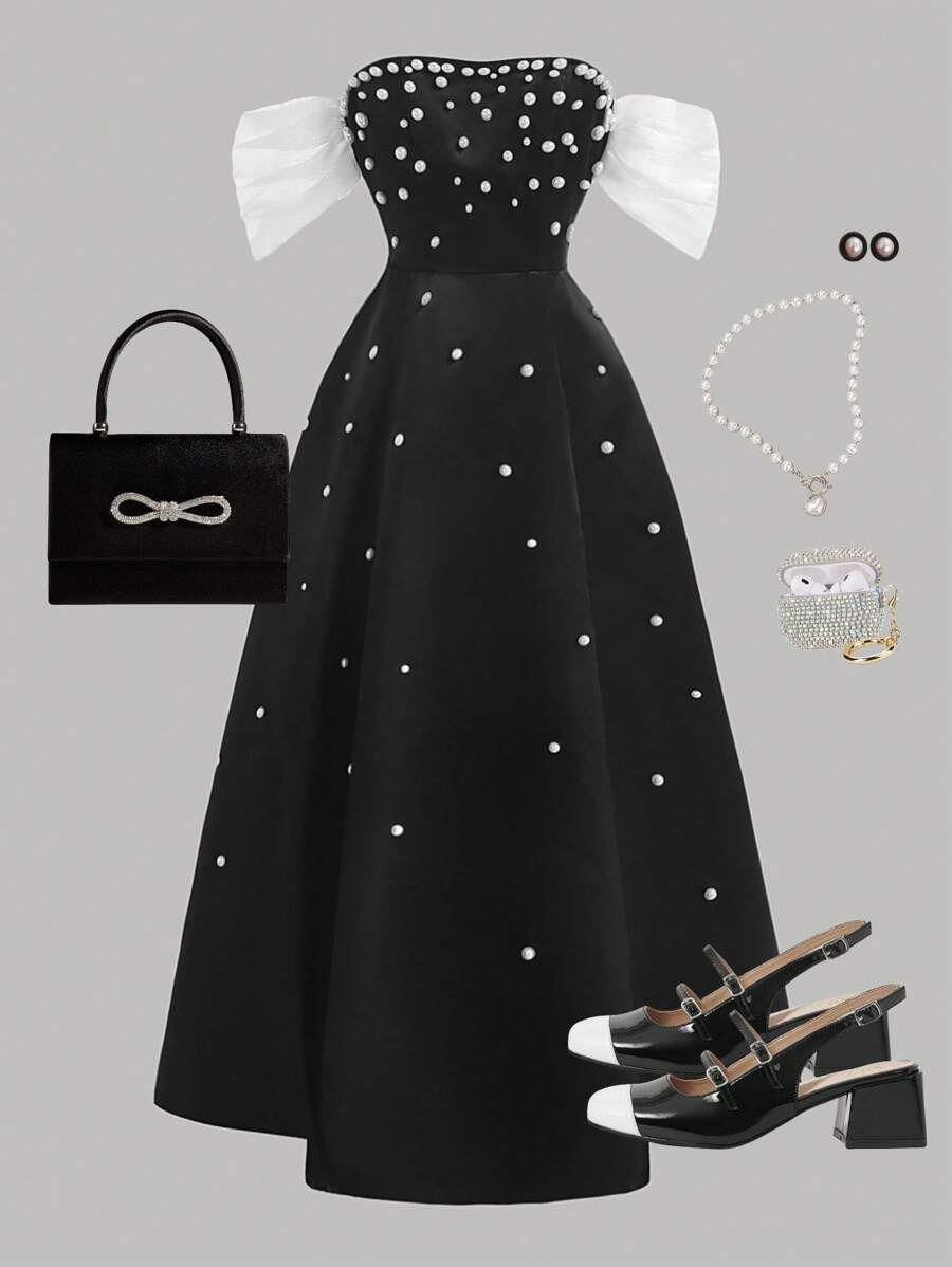 Girlism Teen Girls Black & White Color Block Off Shoulder Pearls Embellished Dress,Wedding,Suitable For Dates, Parties, Festivals, Banquets, Brunch Outfits, Birthday Occasions,New Years,Homecoming, Prom - Black and White - View 1