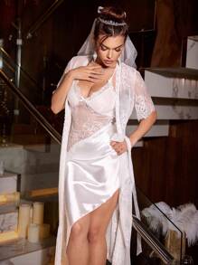 SilkySpell Women Sexy Lace Camisole Nightgown & Short Sleeve Robe 2 Pieces Set - White - View 7