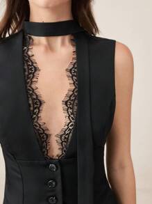 BizChic Elegant Lace Trim V-Neck Camisole, Suitable For Business Casual Jacket, Urban Commute, Business Casual Women's Wear, Autumn/Winter - Black - View 3