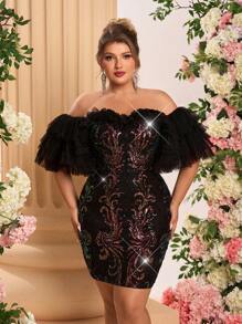 SHEIN Belle Plus Size Elegant Romantic Off Shoulder Ruffle Net Yarn Luxury Beaded Bodycon Cocktail Dress, Party Dress - Champagne - View 5