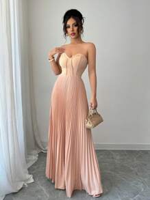 Selianne 女士优雅浪漫褶饰腰部A字下摆无袖连衣裙 - 卡其色 - 查看 7