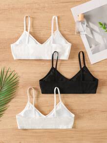 SHEIN 3 件装 少女 简约舒适纯色 V 领带衬垫文胸吊带背心 - 白色 - 查看 2