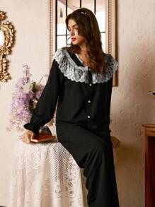 蕾丝边浪漫女士睡衣套装 - 黑色 - 查看 4