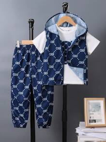 SHEIN 3pcs/Set Young Boy Casual Minimalist Bear Pattern Round Neck Short Sleeve T-Shirt, Hooded Vest & Pants Outfit, Suitable For Daily, School, Sports, Spring/Summer - Blue - View 7