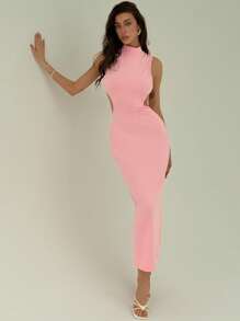 Aloruh Spring & Summer Sexy Halter Open Back Cross Strap Waist Cutout High Neck Sleeveless Backless Slit Dress - Pink - View 4