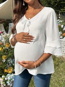 SHEIN 女士 V 领休闲荷叶边短袖孕妇衬衫 - 白色 - 查看 3