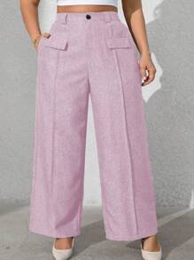 Vionelle Plus Size Women's Solid Color Front Button Faux Pocket Casual Pants Graduation,Back To School,Teacher Outfits For Women - Lilac Purple - View 6