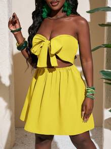 Slaydiva New Casual Hollow Out Halter Tie Waist Mini Green Dress, Spring/Summer - Yellow - View 5