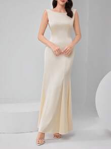Modelyn Women's Solid Color Backless Halter Design Slim Fit Elegant Dress - Beige - View 6