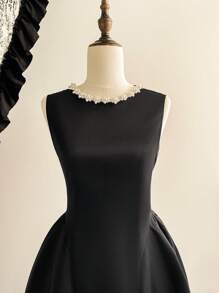 Vintamour 复古优雅女式连衣裙，春夏修身水钻链条装饰灯笼下摆连衣裙，黑色无袖修身喇叭裙 - 黑色 - 查看 4