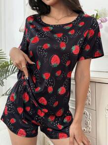 SHEIN Women Strawberry Print Knit Round Neck Short Sleeve Shorts Pajama Set - Black - View 3