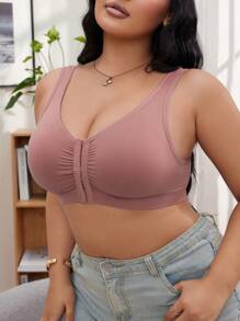 SHEIN 1 chiếc áo ngực không đường may đơn giản, thoải mái, màu trơn, đóng mở phía trước dành cho nữ, dây đeo đôi dạng rộng - Bụi tím - Xem 5