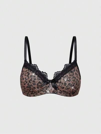 Grunge Punk Dark Punk Y2K Leopard Print Mesh Bead Decor Underwire Lingerie Bralette