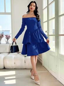 Modelyn Women's Solid Color Off Shoulder Long Sleeve Ruffle Hem Midi Dress