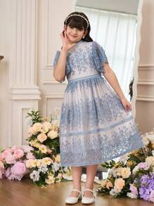 Tween Girl Elegant & Glamorous Leaf Lace Princess Dress, Suitable For Wedding Season - Baby Blue - View 4