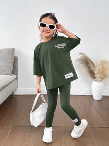 Young Girls & Young Girl Casual Matching Mother-Daughterl 2pcs/Set Letter Print Dropped Shoulder Round Neck T-Shirt And Pants, Casual Outfit, Great For Casual & Daily Wear & School Daily In Spring And Autumn,Valentine's Day,Mom And Daughter Matching,Sister And Me Matching