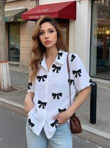 INAWLY 女士休闲蝴蝶印花短袖衬衫，夏季 - 彩色 - 查看 5