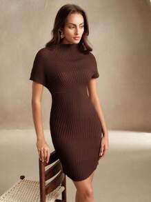 Anewsta Rochie pulover asimetrică elegantă cu decolteu fals pentru femei, potrivită pentru primăvară, vară, elegantă, vacanță, întâlnire de noapte - cafea maro - Vizualizare 6