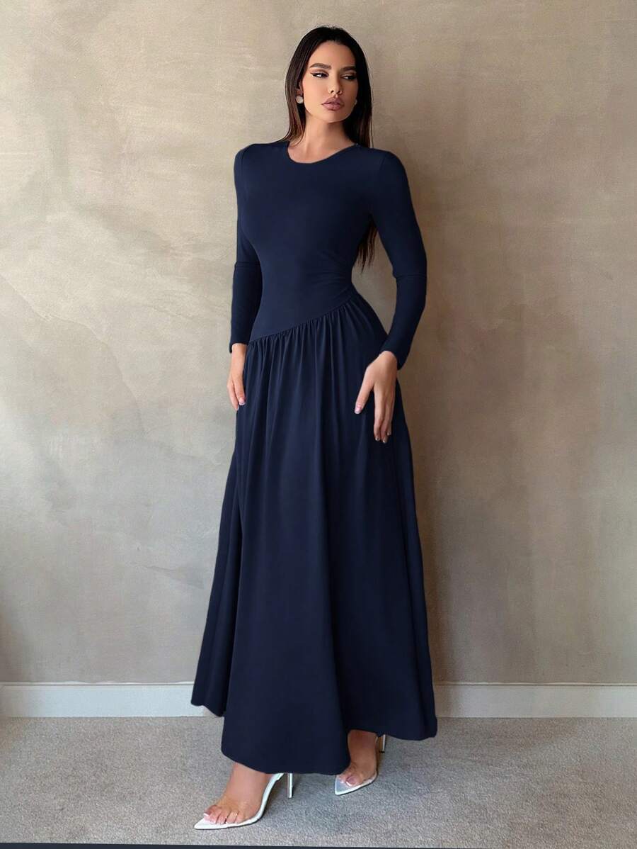 SHEIN Tall Flounce Hem Long Sleeve Dress, Solid Color, Fashion For Summer,Graduation Dresses - Navy Blue - View 1