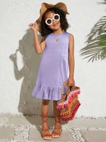 Young Girl Vacation Casual Fashionable Woven Solid Color Round Neck Sleeveless Dress - Purple - View 5
