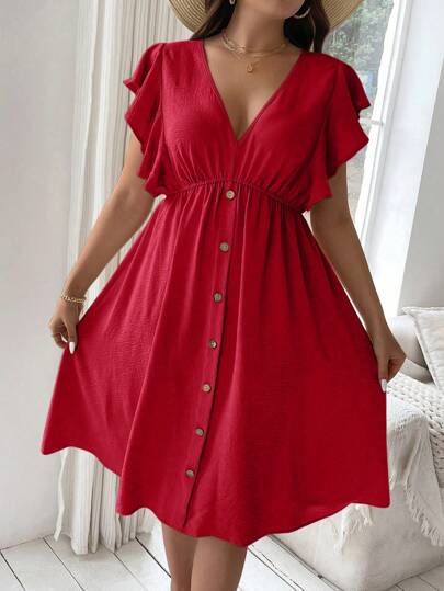 Flirla Plus Size Summer Button Decor Ruffle Hem Dress