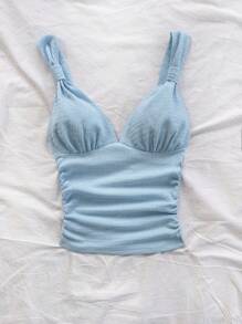 Dreamara Top tipo camiseta con tirantes anudados y drapeado, casual y romántico para vacaciones, talla grande - Celeste - Ver 4