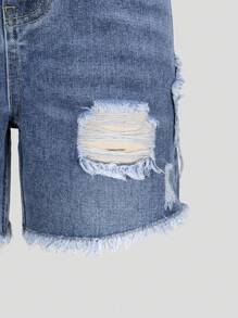 Tween Girls Moda Big Tween Girl Lavagem média Estrela de cinco pontas Apliques Bordado Desgastado Casual Cintura Elástica Denim Shorts - Lavagem Média - Ver 6