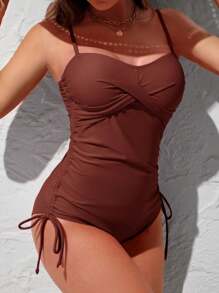 Swim Lushoire 1 件纯色系带抽绳连体泳衣，度假/海滩 - 鏽棕色 - 查看 3