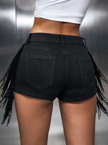 SHEIN ICON Fashion Side Split Tassel Rivet Denim Shorts, Summer - Black - View 2