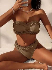 Swim Mod Women Vacation Beach Frill Trim Swimsuit Set For Summer - Brown - View 5