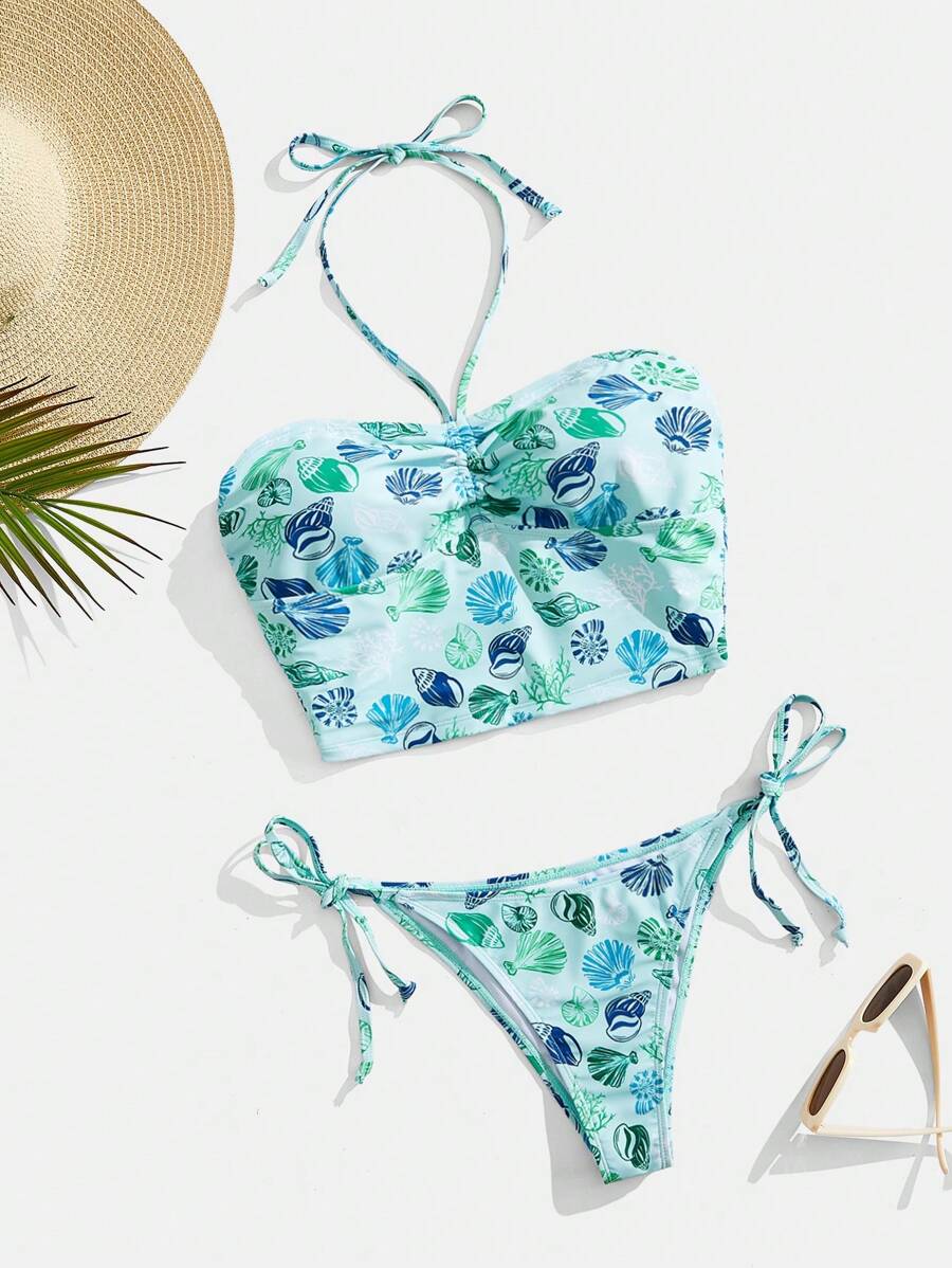 SHEIN MOD Women's Elegant Seashell Print Halter Neck Sleeveless Tankini Set With Ruched Detail And Tie-Side Bottoms - Green - View 1