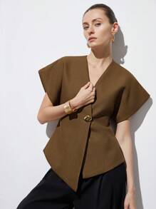 Aveloria Modichic Elegant Minimalist Design V-Neck White Textured Fabric Asymmetrical Hem Cap Sleeve Jacket With Decorative Buttons For Women, Versatile For Commuting