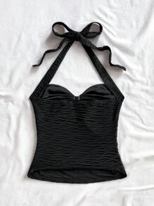 Soleia Urlaubs-Träger-Binde V-Ausschnitt Floral Metallschnalle Weiß Strick strukturiertes figurbetontes Trägertop, geeignet für Urlaub, Musikfestival, Boho, Feiertage, Dates, Nachmittagstee - Schwarz - Übersicht 2