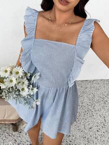 SHEIN Frenchy Tuta estiva casual a righe in stile minimalista per donna taglie forti, adatta per vacanze - Blu e Bianco - Visualizzare 4