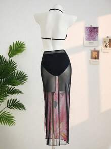 SHEIN 3pcs/Set TEENGIRL Black Floral Print Bikini Swimsuit Set, Vacation Island Holiday Beach Wear